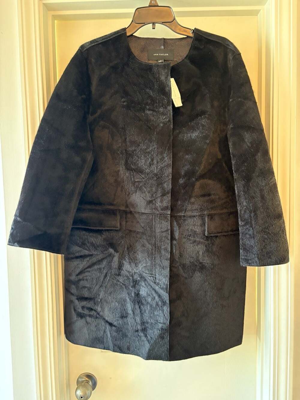 Ann Taylor Black Faux Fur Long Coat Size L